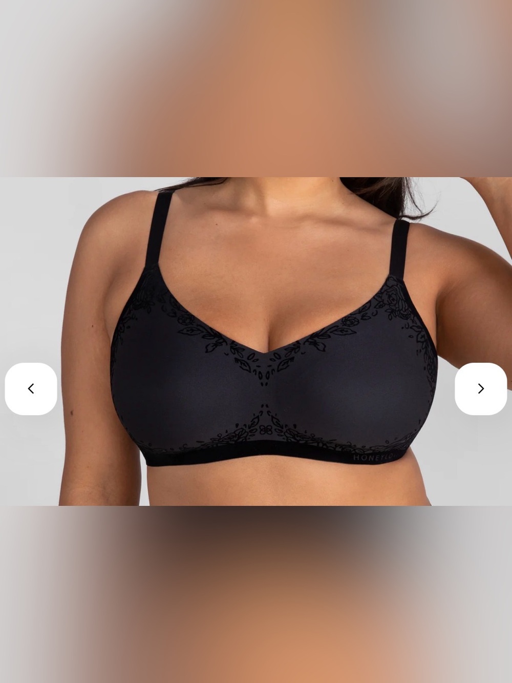 HONEYLOVE Blackโ Silhouette Flocked Roses Wireless Bra 2XL 42 C/D